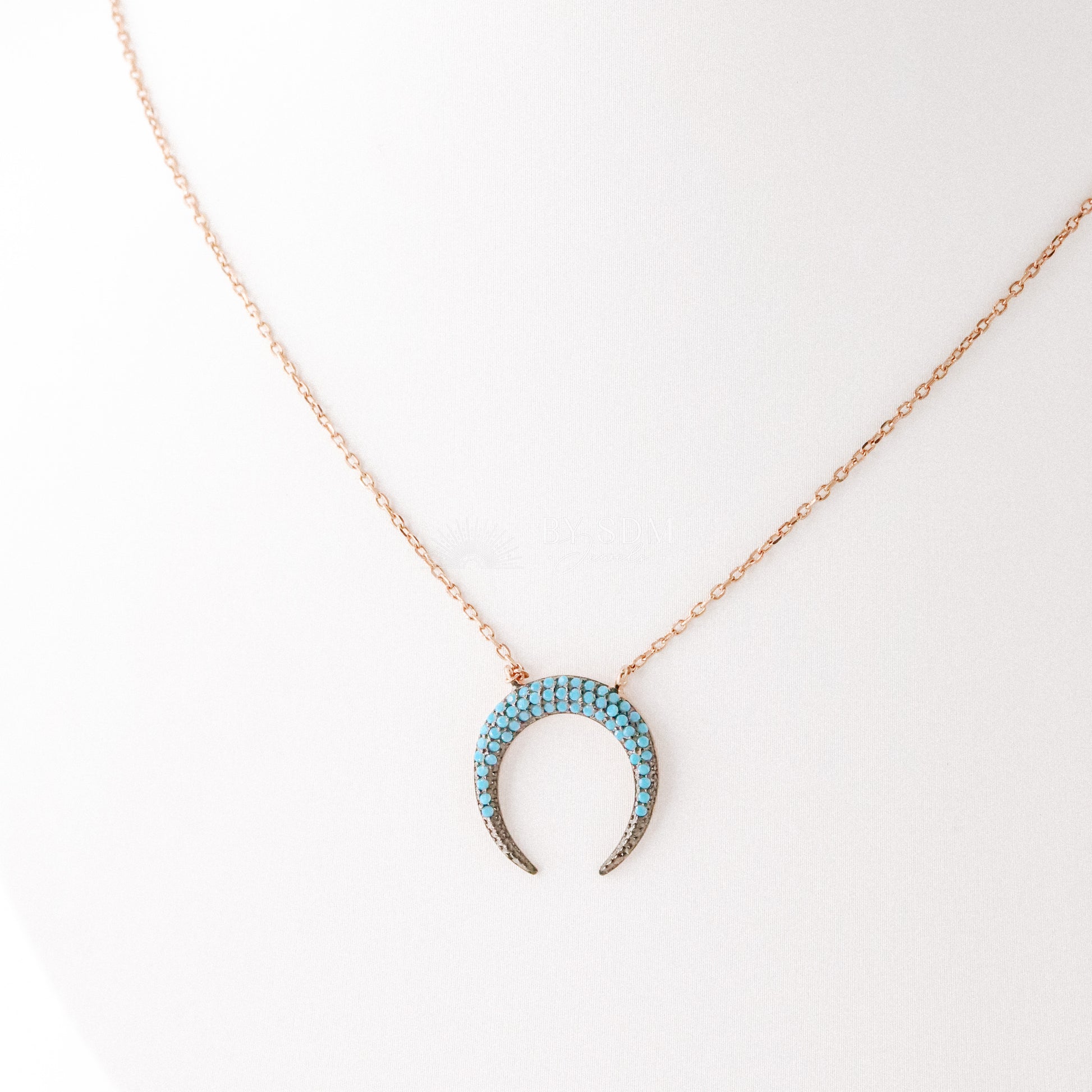 Horn Necklace • Double Horn Necklace • Turquoise Zircon • Rose Gold • BYSDMJEWELS