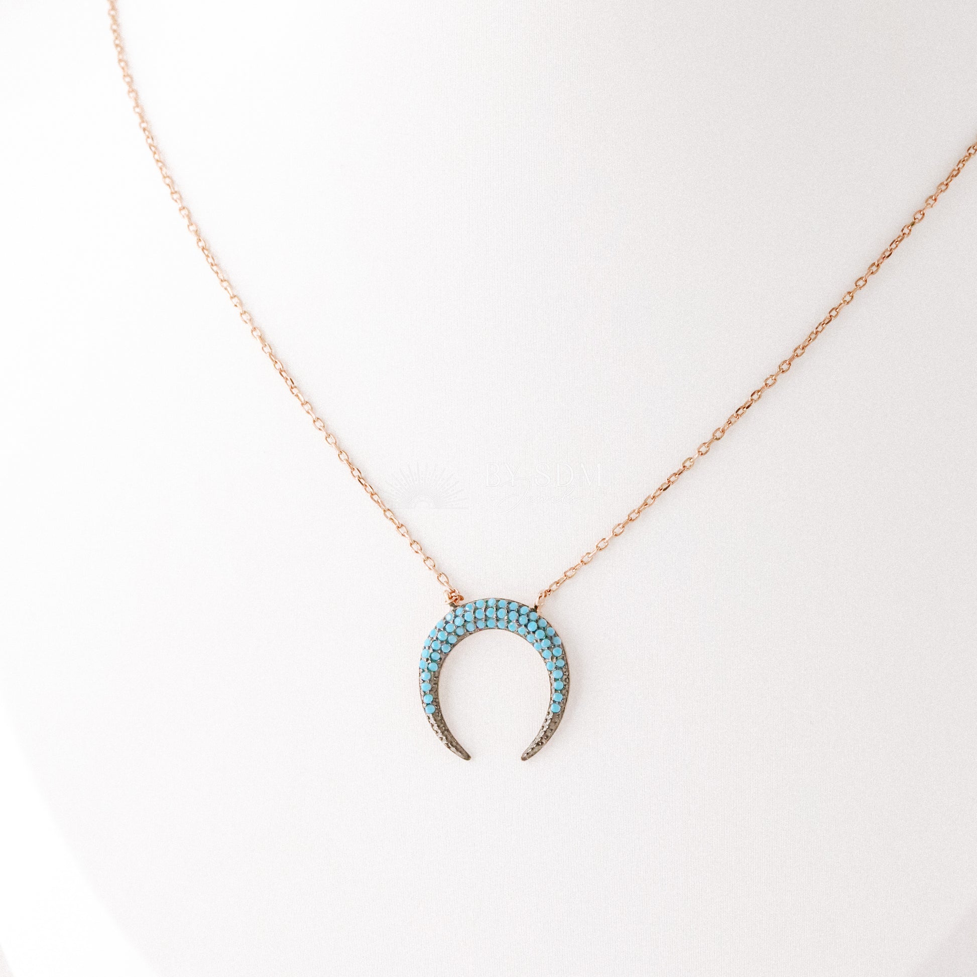 Horn Necklace • Double Horn Necklace • Turquoise Zircon • Rose Gold • BYSDMJEWELS