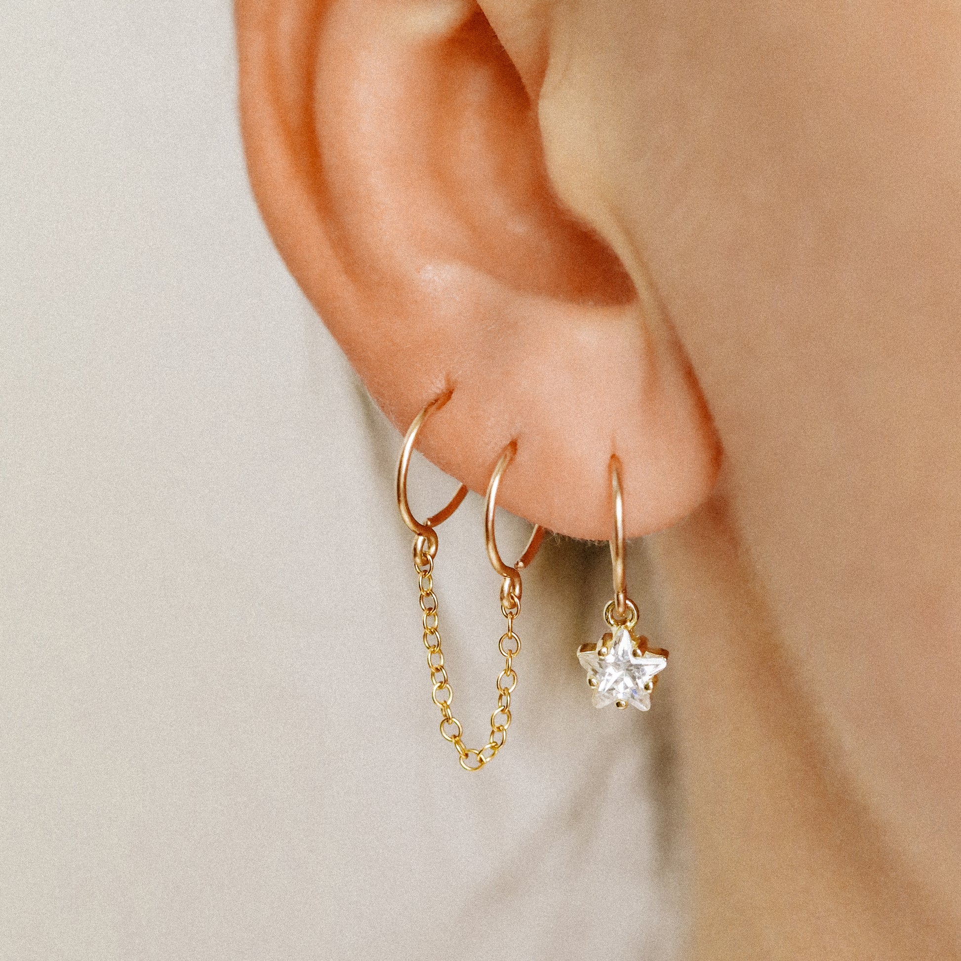 Triple Hoop Earrings With Chain for Three Piercings • Huggies • Gold • Silver • Rose Gold • BYSDMJEWELS
