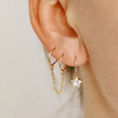 Triple Hoop Earrings With Chain for Three Piercings • Huggies • Gold • Silver • Rose Gold • BYSDMJEWELS
