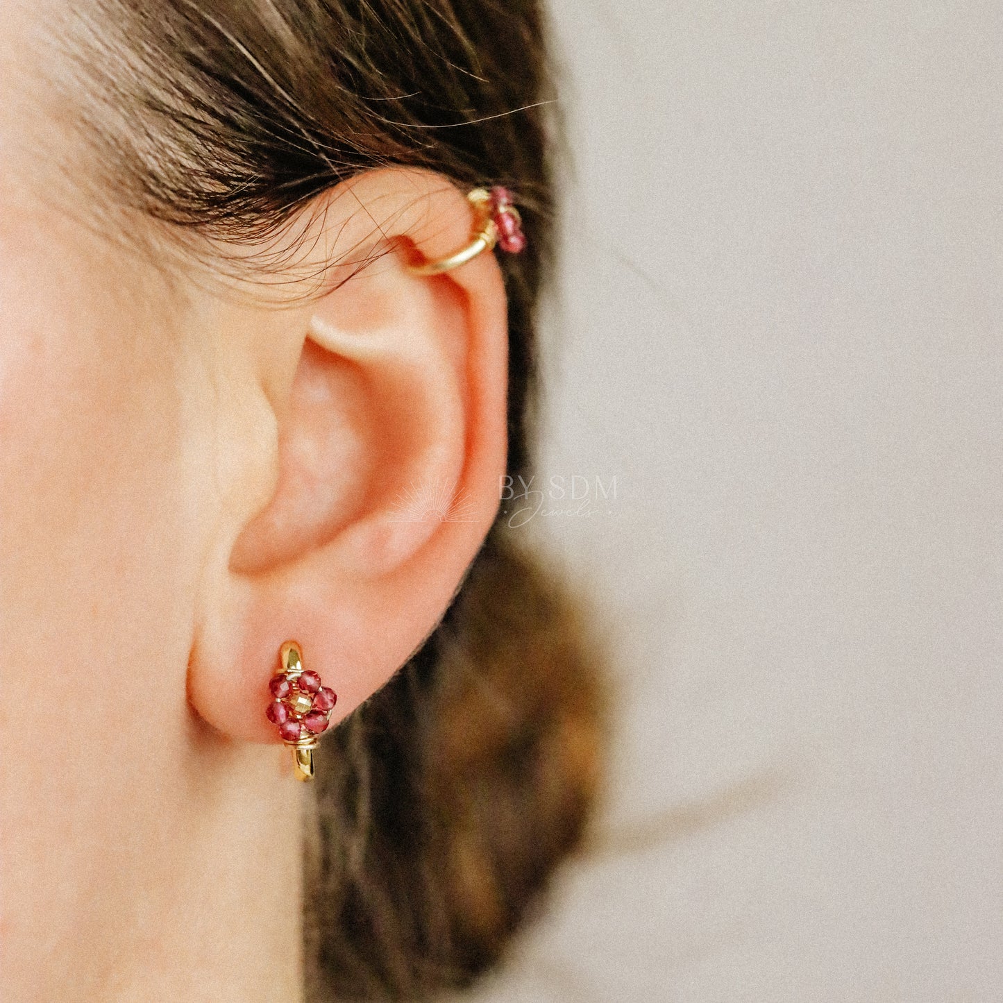 Oval Hoop Earrings with Fuxia Flowers • Gold Sterling Silver 925 • BYSDMJEWELS