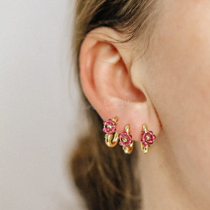 Oval Hoop Earrings with Fuxia Flowers • Gold Sterling Silver 925 • BYSDMJEWELS