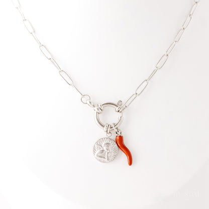 Italian Lucky Horn Necklace • Thinking Angel Charm • Italy Corno Cornicello Necklace • Thinking Angel Necklace • BYSDMJEWELS