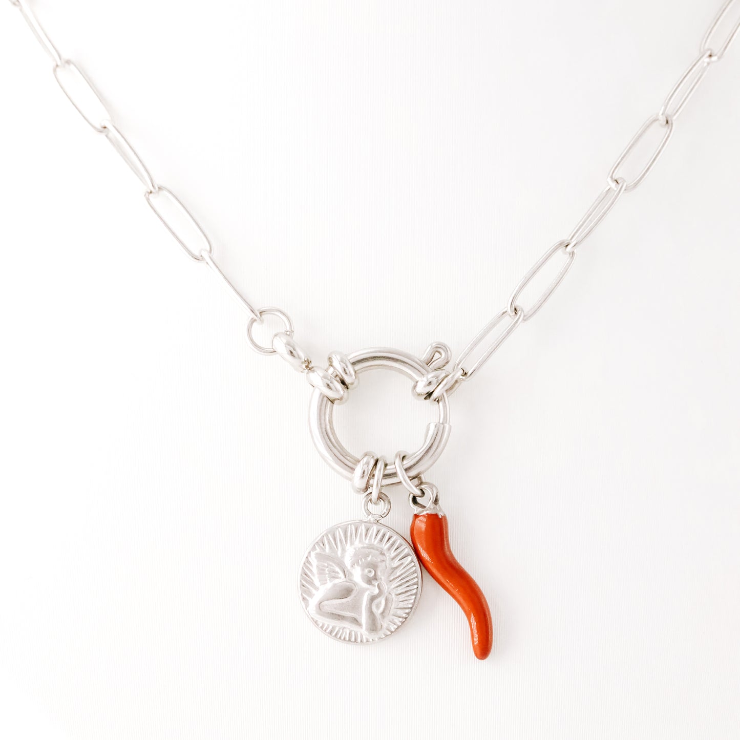 Thinking Angel and Italian Lucky Horn Charm Necklace