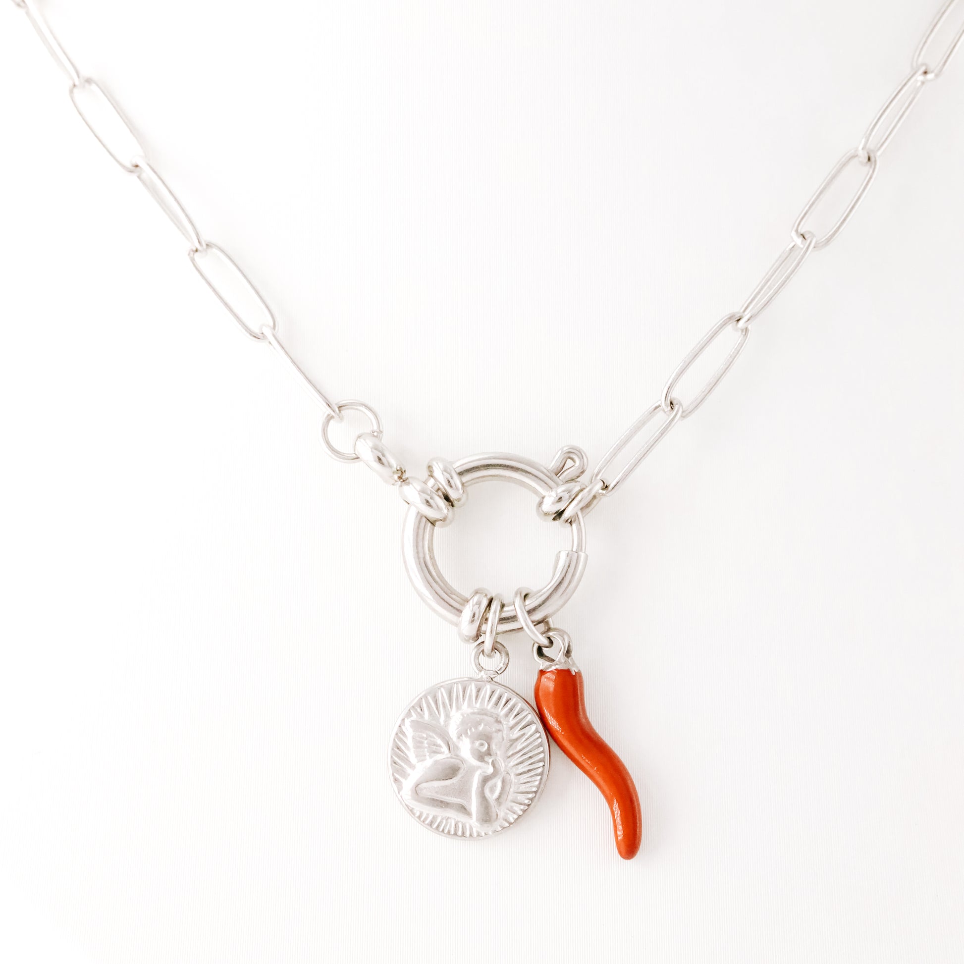 Thinking Angel and Italian Lucky Horn Charm Necklace