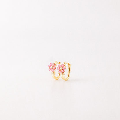 Oval Hoop Earrings with Fuxia Flowers • Gold Sterling Silver 925 • BYSDMJEWELS