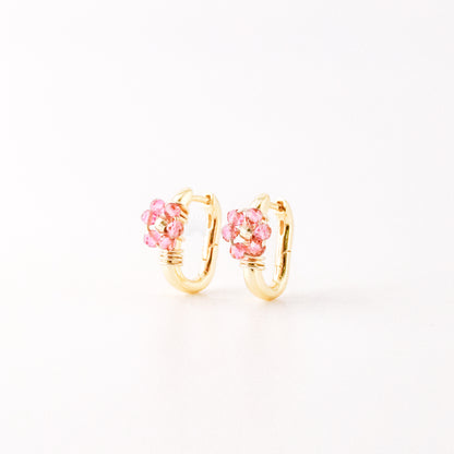 Oval Hoop Earrings with Fuxia Flowers • Gold Sterling Silver 925 • BYSDMJEWELS