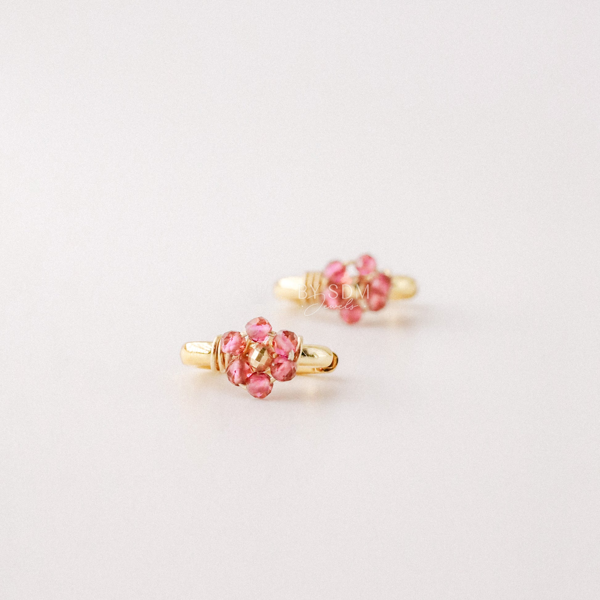 Oval Hoop Earrings with Fuxia Flowers • Gold Sterling Silver 925 • BYSDMJEWELS