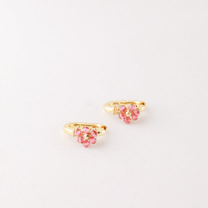 Oval Hoop Earrings with Fuxia Flowers • Gold Sterling Silver 925 • BYSDMJEWELS