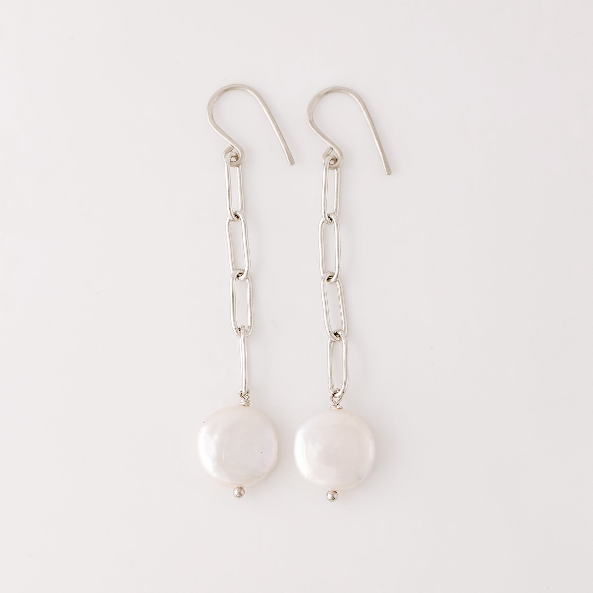Dangling Pearl Earrings: Stainless Steel Paperclip Chain, Wedding Jewelry