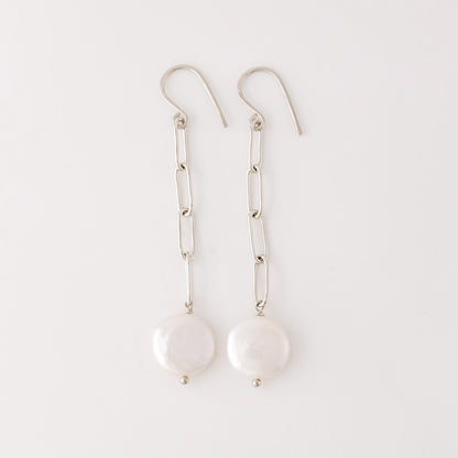 Dangling Pearl Earrings: Stainless Steel Paperclip Chain, Wedding Jewelry