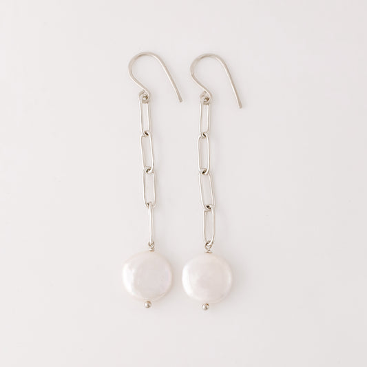 Dangling Pearl Earrings: Stainless Steel Paperclip Chain, Wedding Jewelry