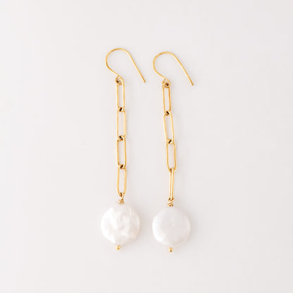 Dangling Pearl Earrings: Stainless Steel Paperclip Chain, Wedding Jewelry