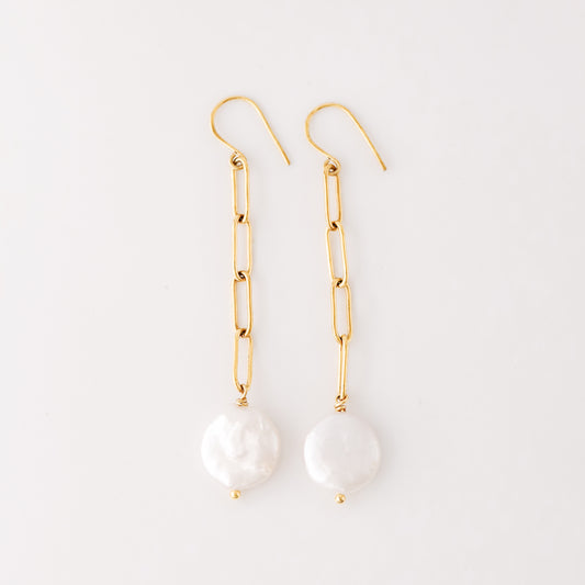 Dangling Pearl Earrings: Stainless Steel Paperclip Chain, Wedding Jewelry