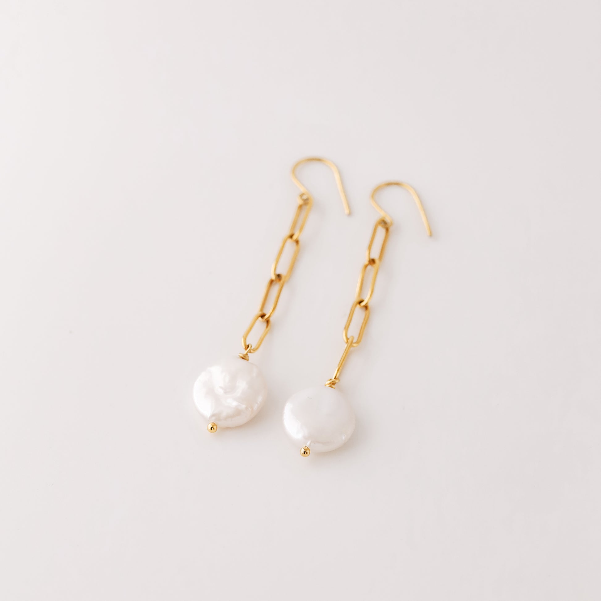Dangling Pearl Earrings: Stainless Steel Paperclip Chain, Wedding Jewelry