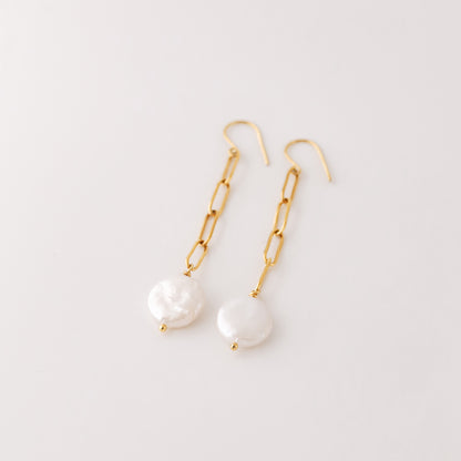 Dangling Pearl Earrings: Stainless Steel Paperclip Chain, Wedding Jewelry