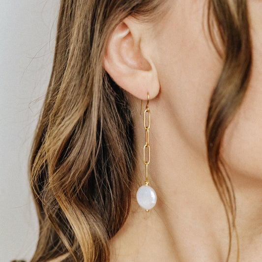 Dangling Pearl Earrings: Stainless Steel Paperclip Chain, Wedding Jewelry