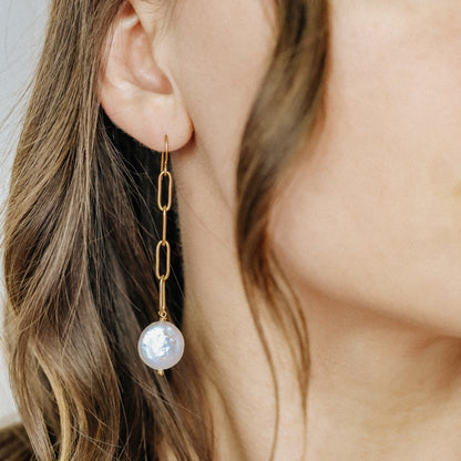 Dangling Pearl Earrings: Stainless Steel Paperclip Chain, Wedding Jewelry