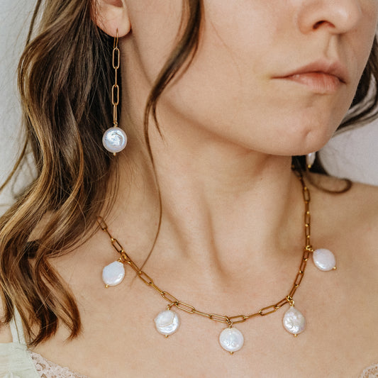 Baroque Pearl Drop Necklace: Stainless Steel Paperclip Chain