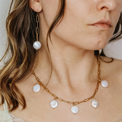 Dangling Pearl Earrings: Stainless Steel Paperclip Chain, Wedding Jewelry