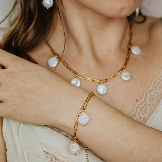 Baroque Pearl Charm Bracelet: Stainless Steel Station Bracelet