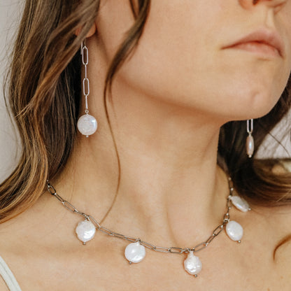 Baroque Pearl Drop Necklace: Stainless Steel Paperclip Chain