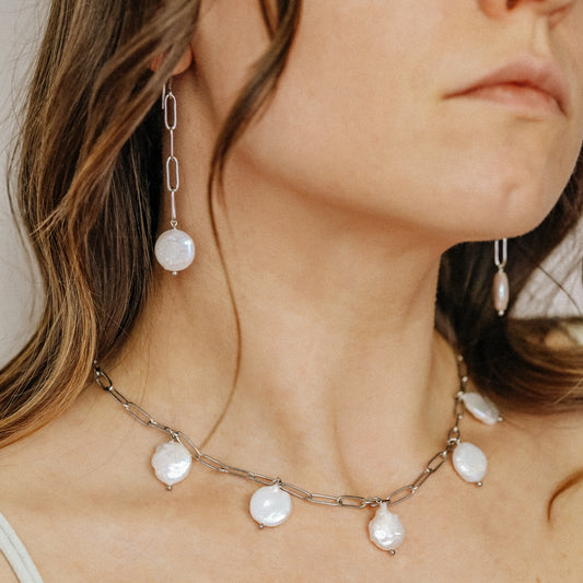 Baroque Pearl Drop Necklace: Stainless Steel Paperclip Chain