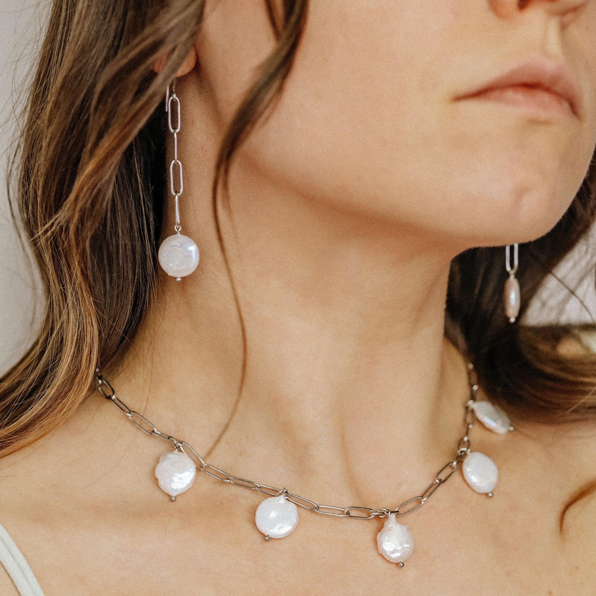 Dangling Pearl Earrings: Stainless Steel Paperclip Chain, Wedding Jewelry