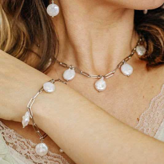 Baroque Pearl Charm Bracelet: Stainless Steel Station Bracelet