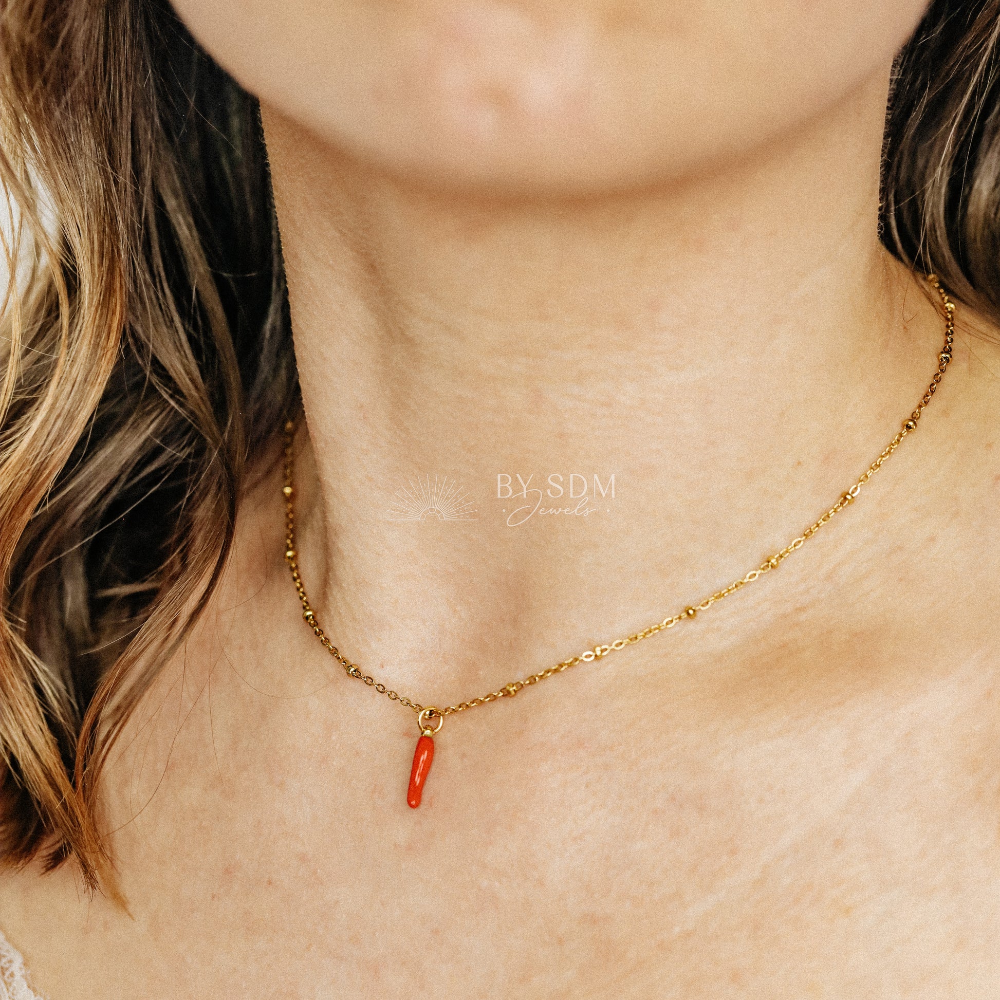 Lucky Horn Charm with Satellite Chain Necklace • Italian Cornetto Horn Necklace • Red Horn • Italy Luckycharm Cornicello • BYSDMJEWELS