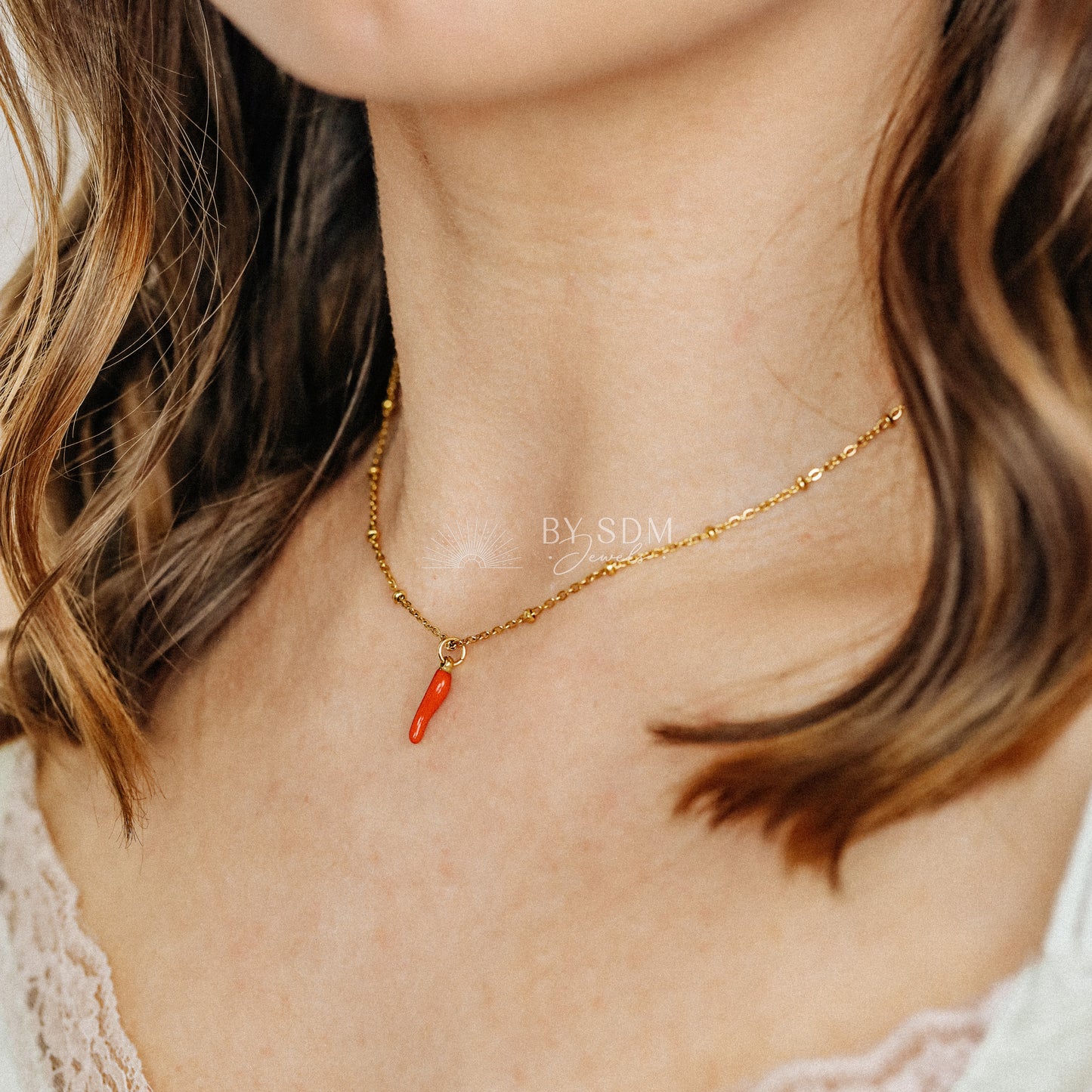 Lucky Horn Charm with Satellite Chain Necklace • Italian Cornetto Horn Necklace • Red Horn • Italy Luckycharm Cornicello • BYSDMJEWELS