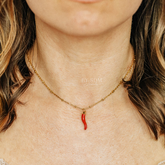 Lucky Horn Charm with Satellite Chain Necklace • Italian Cornetto Horn Necklace • Red Horn • Italy Luckycharm Cornicello • BYSDMJEWELS