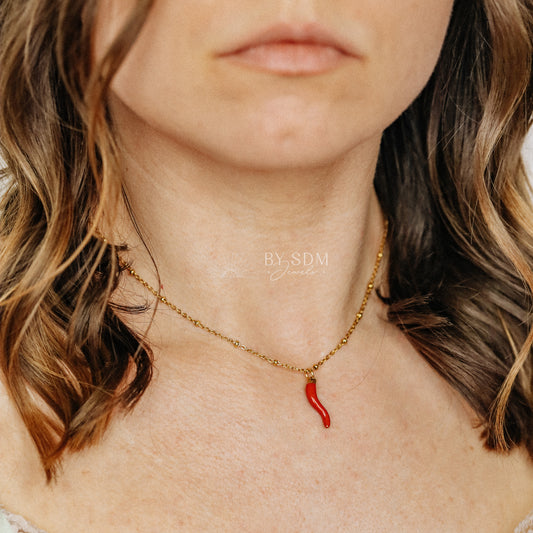 Lucky Horn Charm with Satellite Chain Necklace • Italian Cornetto Horn Necklace • Red Horn • Italy Luckycharm Cornicello • BYSDMJEWELS