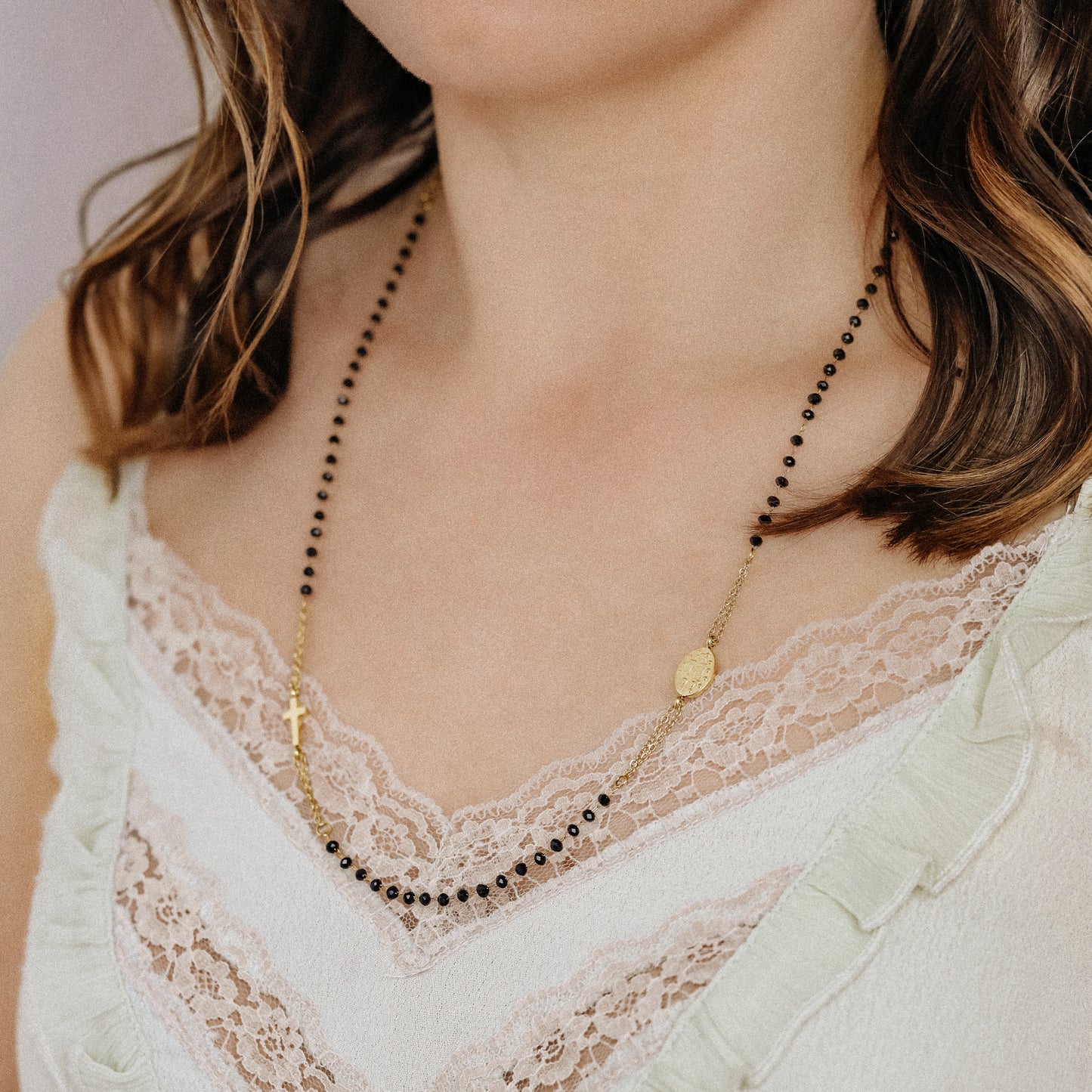 Dainty Black Rosary Necklace, Catholic Jewelry, Plain Cross Stainless Steel