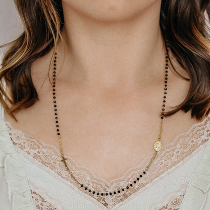 Dainty Black Rosary Necklace, Catholic Jewelry, Plain Cross Stainless Steel