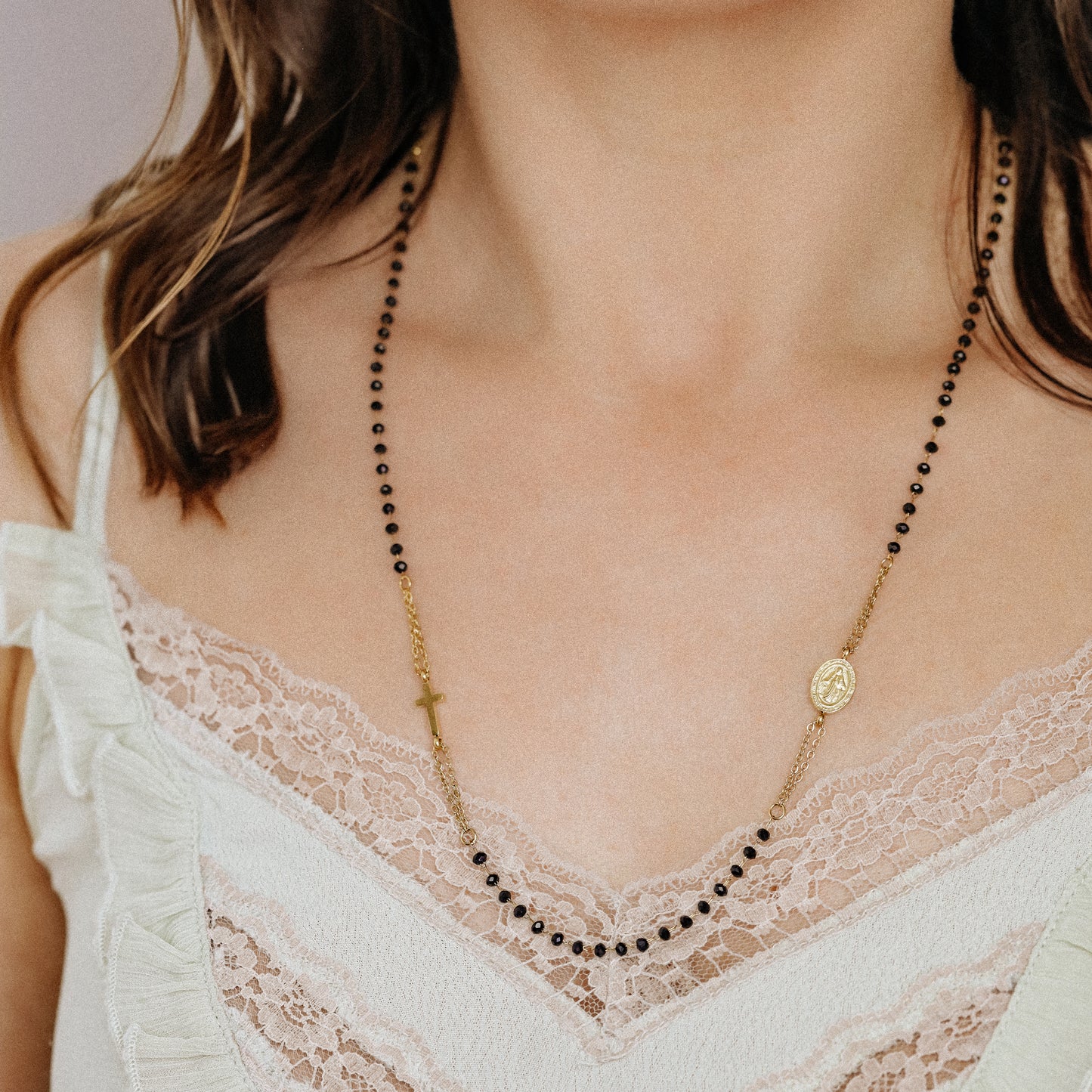 Dainty Black Rosary Necklace, Catholic Jewelry, Plain Cross Stainless Steel