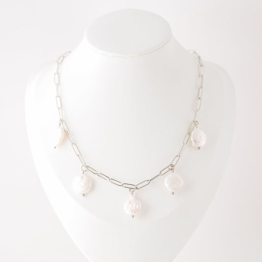 Baroque Pearl Drop Necklace: Stainless Steel Paperclip Chain