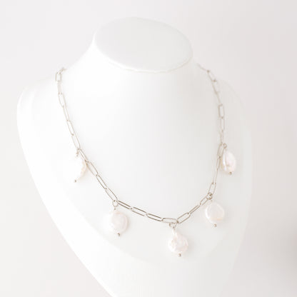Baroque Pearl Drop Necklace: Stainless Steel Paperclip Chain