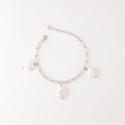 Baroque Pearl Charm Bracelet: Stainless Steel Station Bracelet