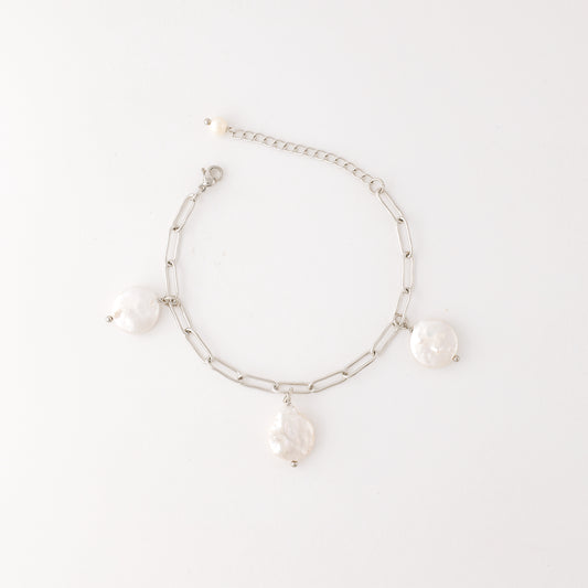 Baroque Pearl Charm Bracelet: Stainless Steel Station Bracelet