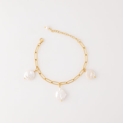 Baroque Pearl Charm Bracelet: Stainless Steel Station Bracelet