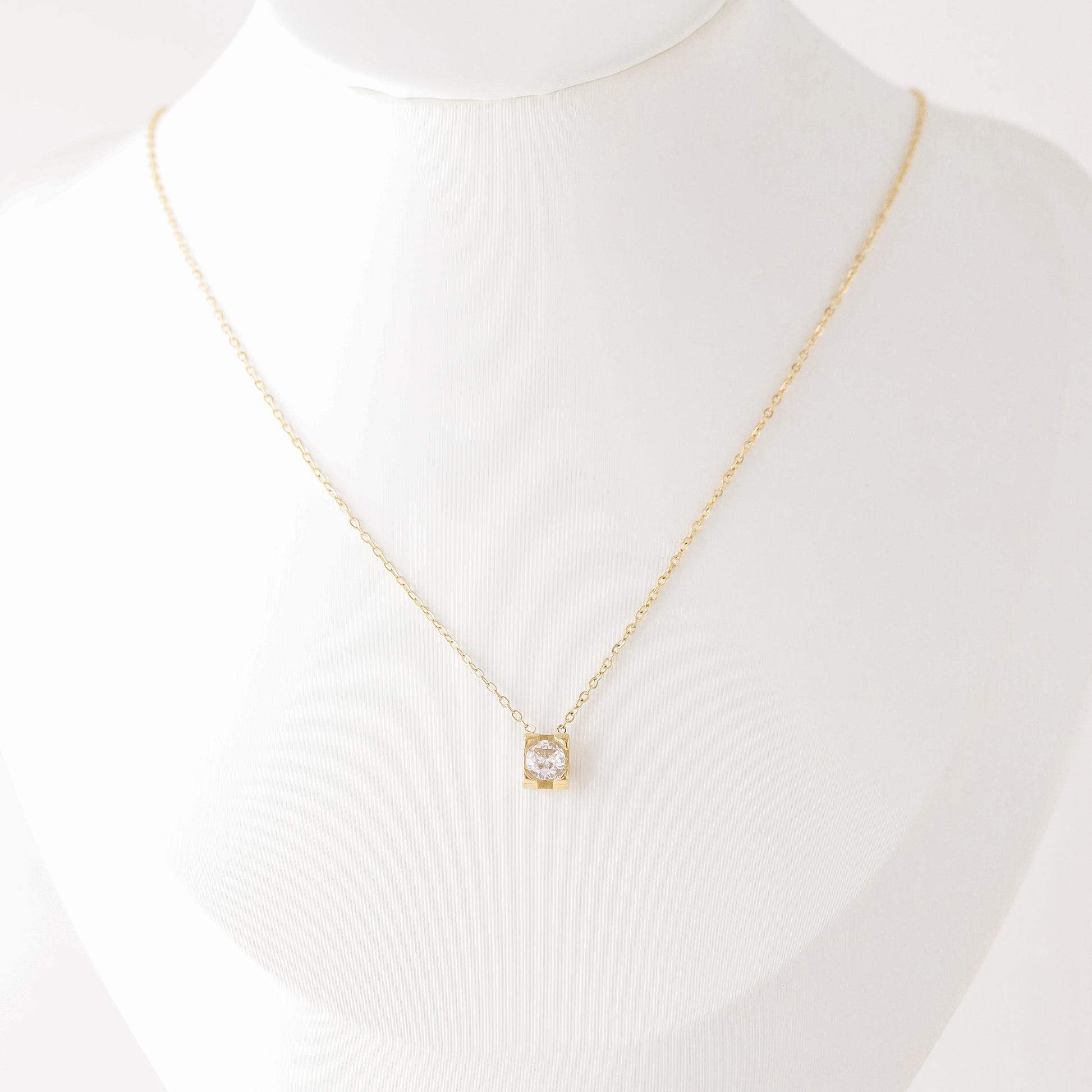 Dainty CZ Diamond Solitaire Necklace: 18K Gold Stainless Steel