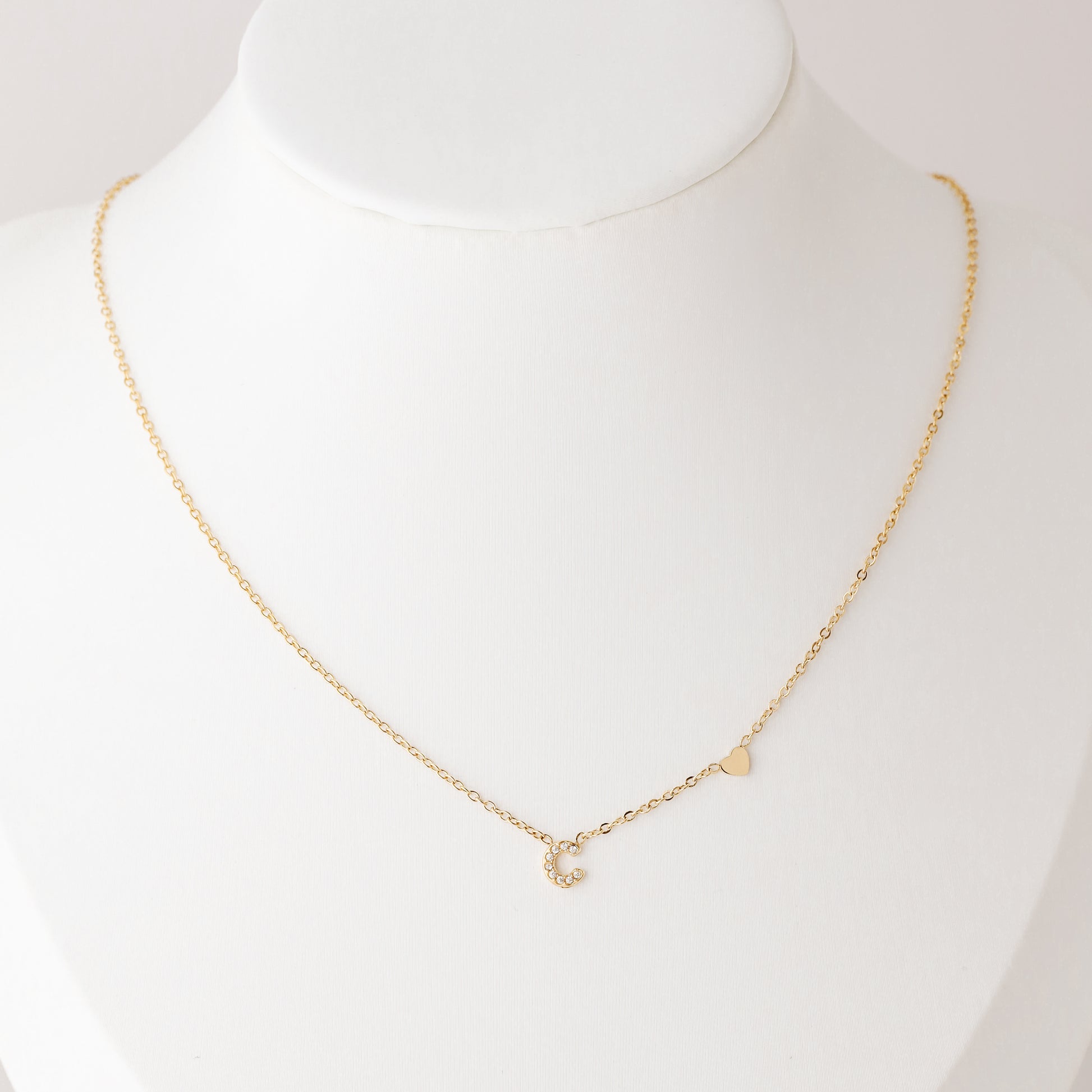 Custom Pave Initial Necklace: Stainless Steel Letter with Heart
