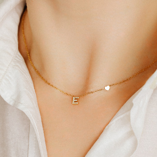 Custom Pave Initial Necklace: Stainless Steel Letter with Heart
