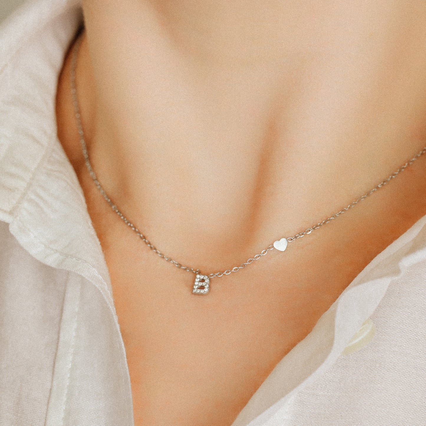 Custom Pave Initial Necklace: Stainless Steel Letter with Heart
