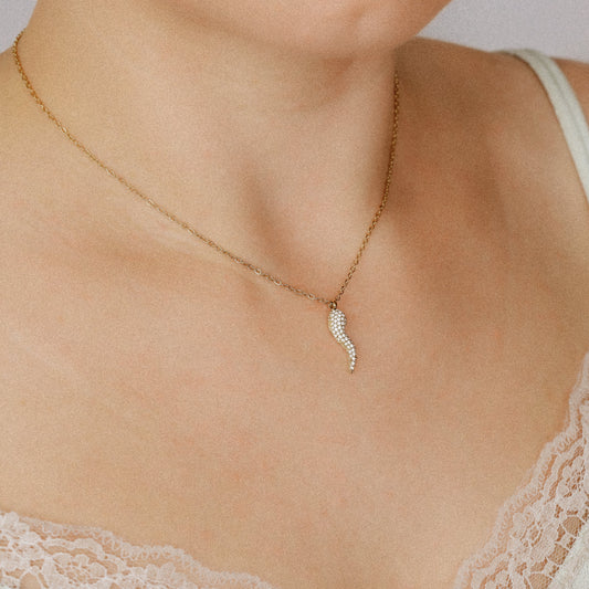 Stainless Steel Pave Italian Horn Necklace, Cornicello Necklace, Good Luck Charm, Italian Jewelry, Protection Jewelry, Chili Jewelry