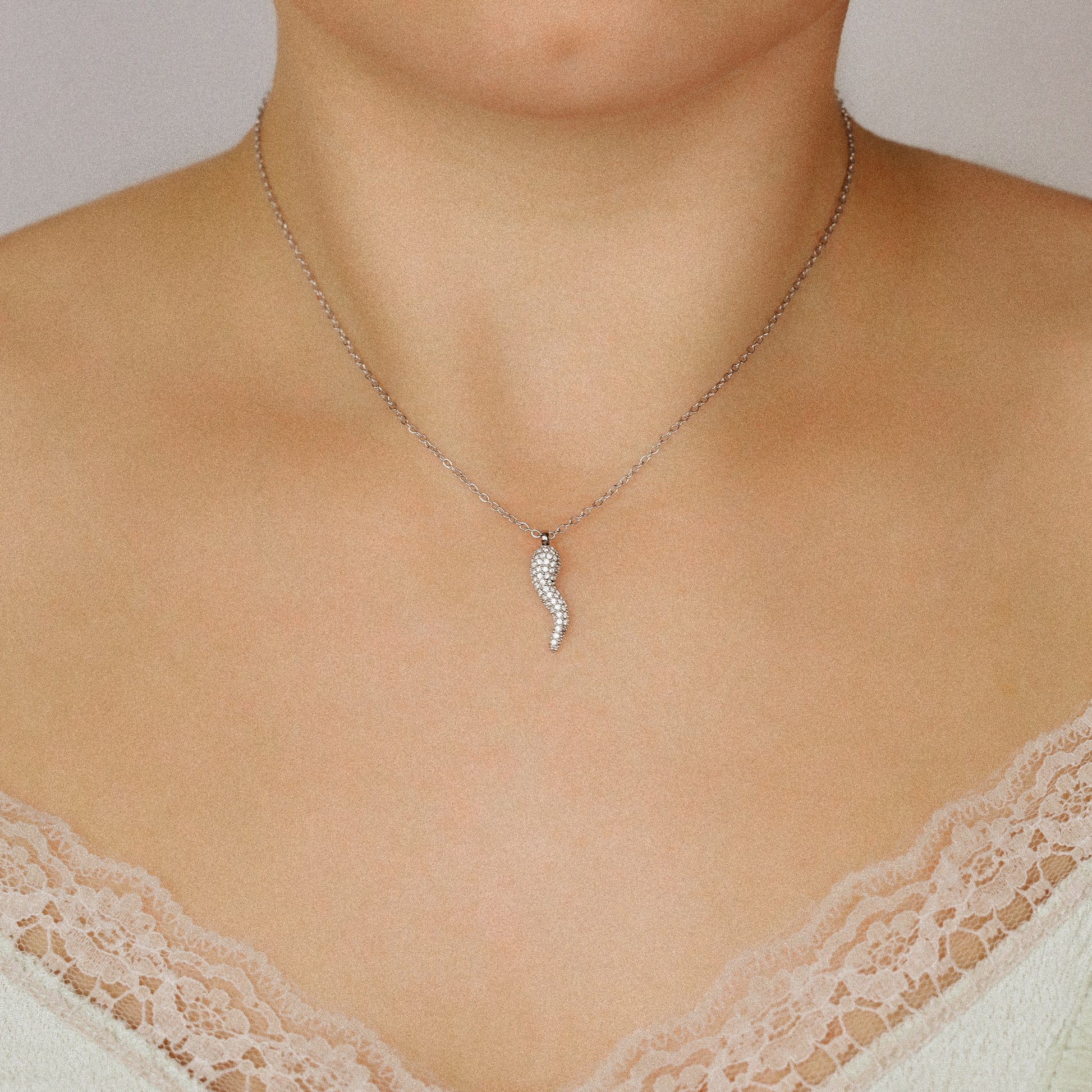 Stainless Steel Pave Italian Horn Necklace, Cornicello Necklace, Good Luck Charm, Italian Jewelry, Protection Jewelry, Chili Jewelry
