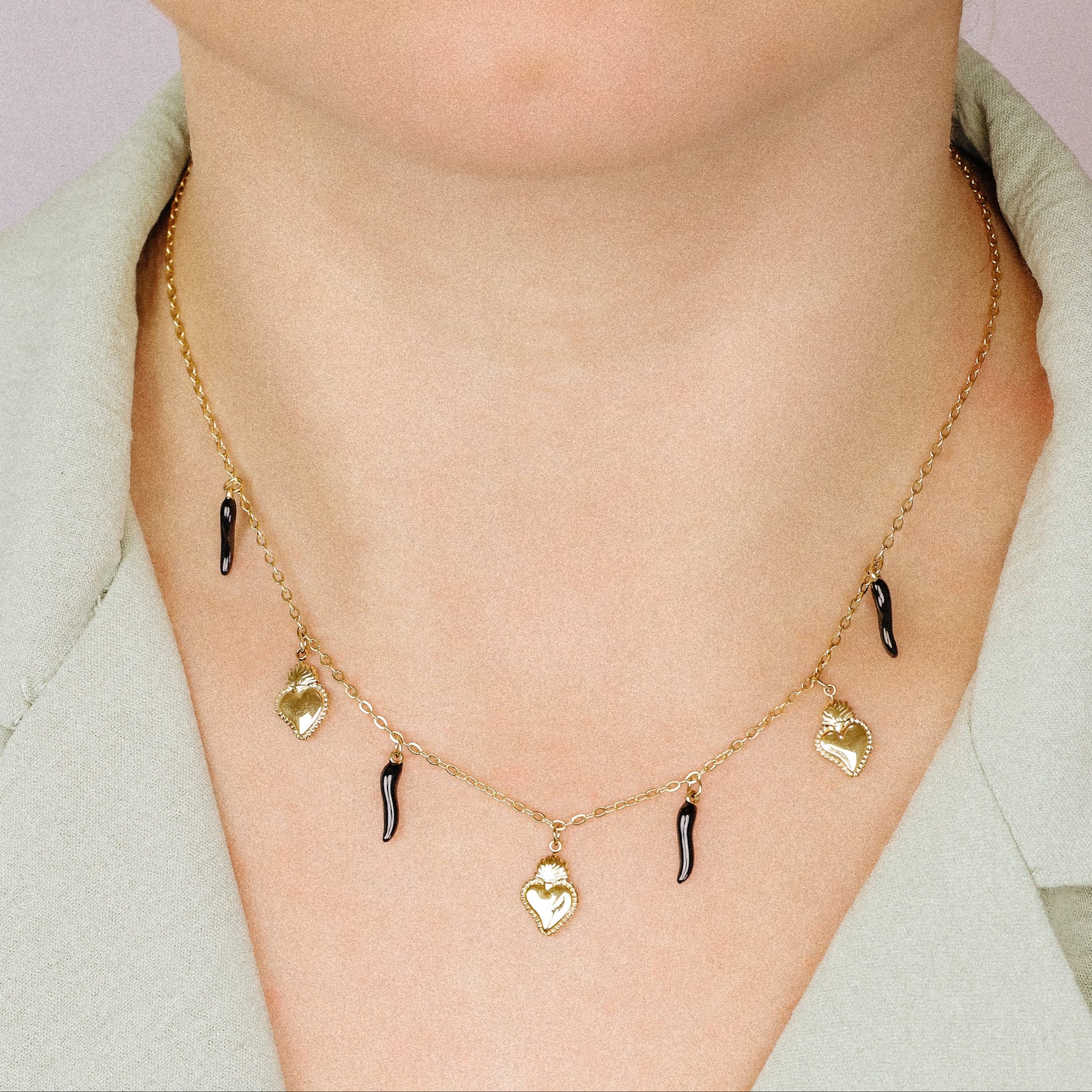 Italian Lucky Horn Necklace, Flaming Sacred Heart Necklace, Italy Corno Cornicello Necklace, Flaming Sacred Heart Necklace, BYSDMJEWELS