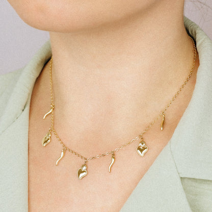 Italian Lucky Horn Necklace, Flaming Sacred Heart Necklace, Italy Corno Cornicello Necklace, Flaming Sacred Heart Necklace, BYSDMJEWELS