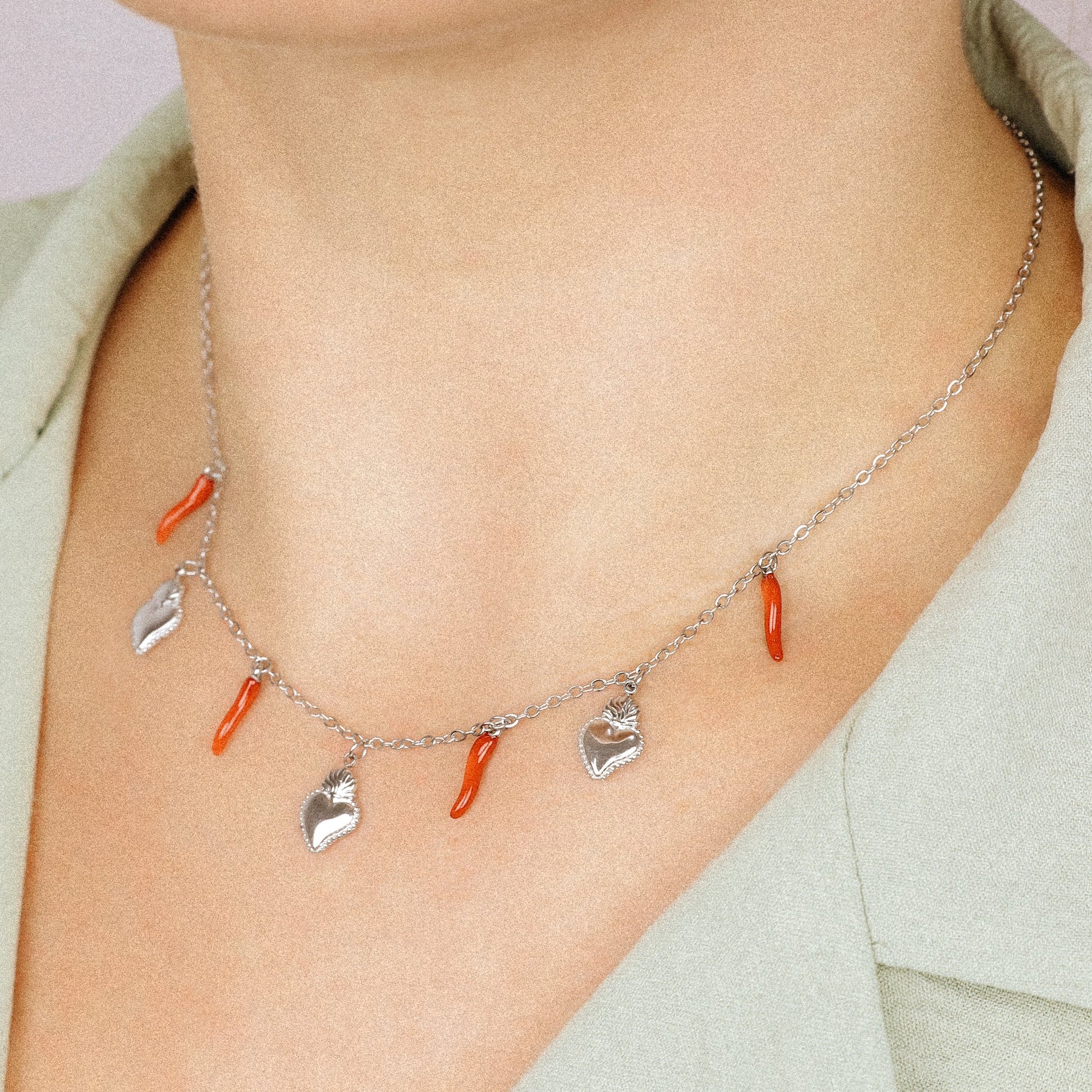 Italian Lucky Horn Necklace, Flaming Sacred Heart Necklace, Italy Corno Cornicello Necklace, Flaming Sacred Heart Necklace, BYSDMJEWELS